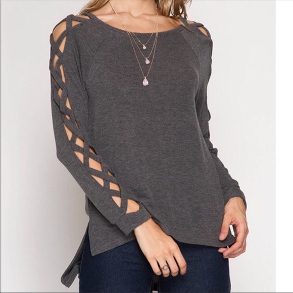 SwankStyles Tops - Gray Crisscross Long Sleeve top